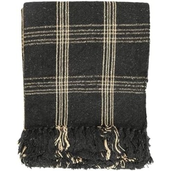 Creative Co-Op Plaid Black & Tan Fringed Woven Cotton Blend Throw